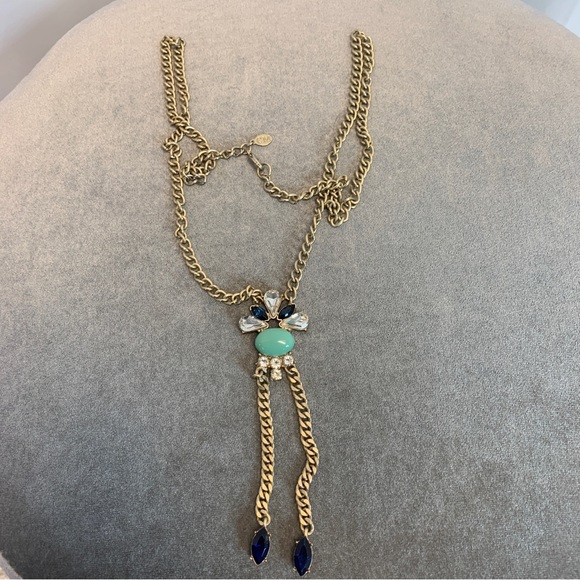 Club Monaco navy blue teal gold tone crystal rhinestone long necklace - Picture 2 of 8